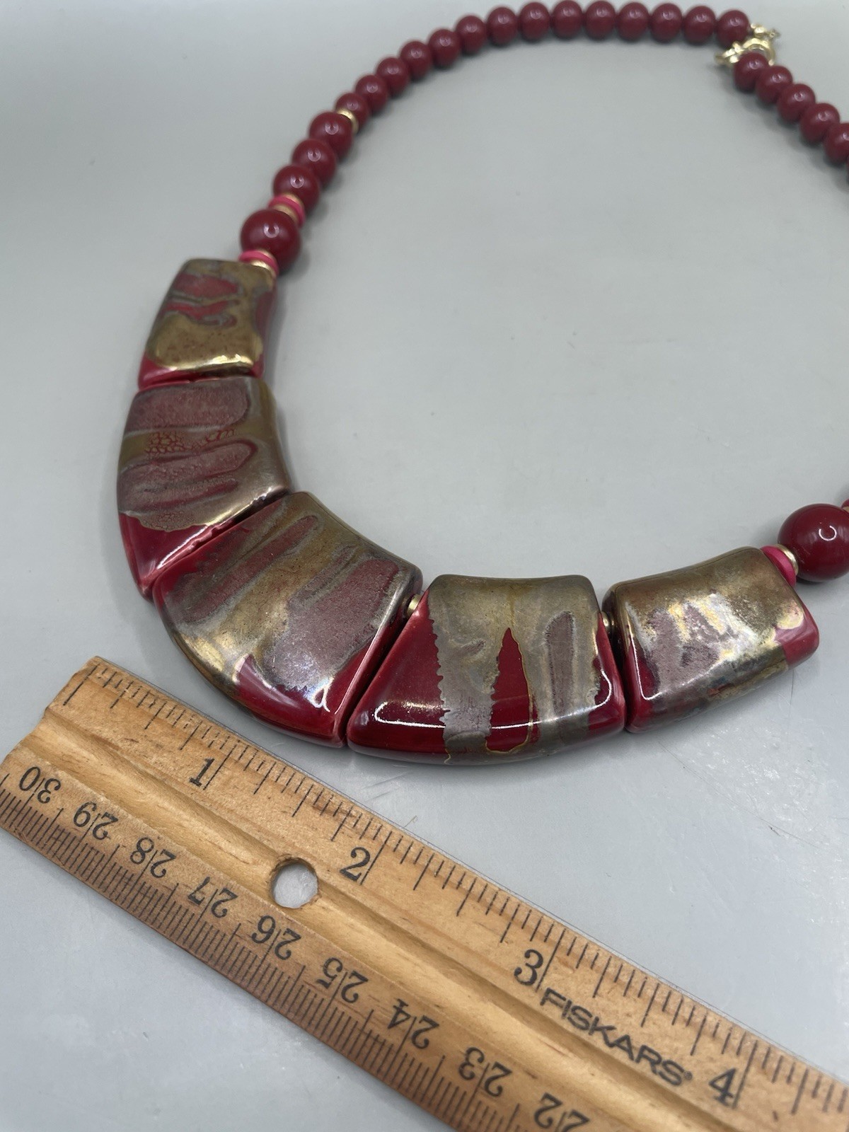 Vintage Japan Rust Red Art Pottery Ceramic Beaded Necklace W/Metallic Accents