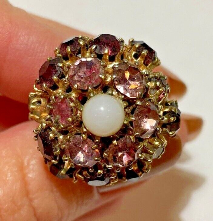 Vintage Art Deco Purple Pink White Cluster Rhinestones Adjustable Sz 6 Ring