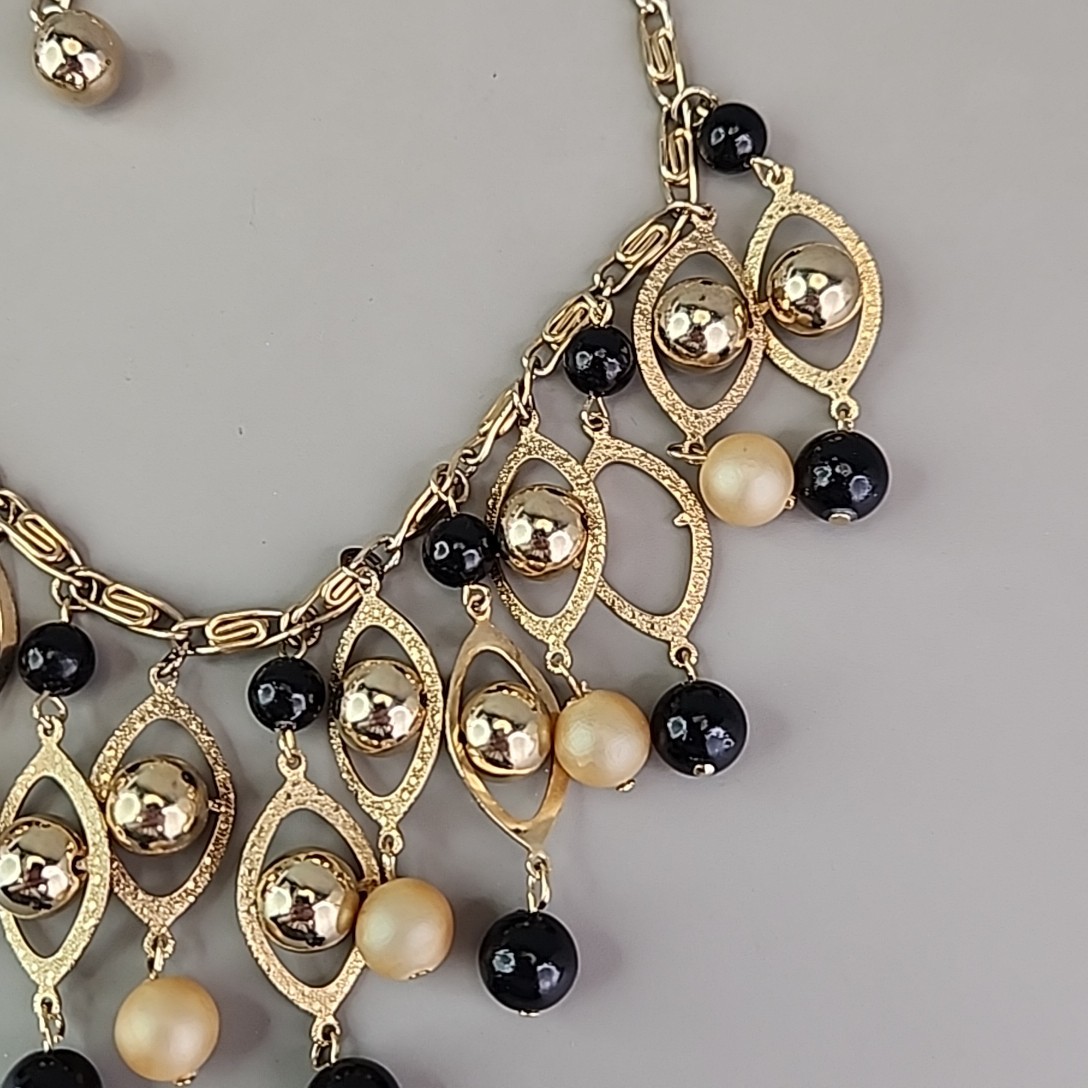 Vintage Statement Necklace Black Beaded Fringe Dangles Gold Tone Snail 16.5″