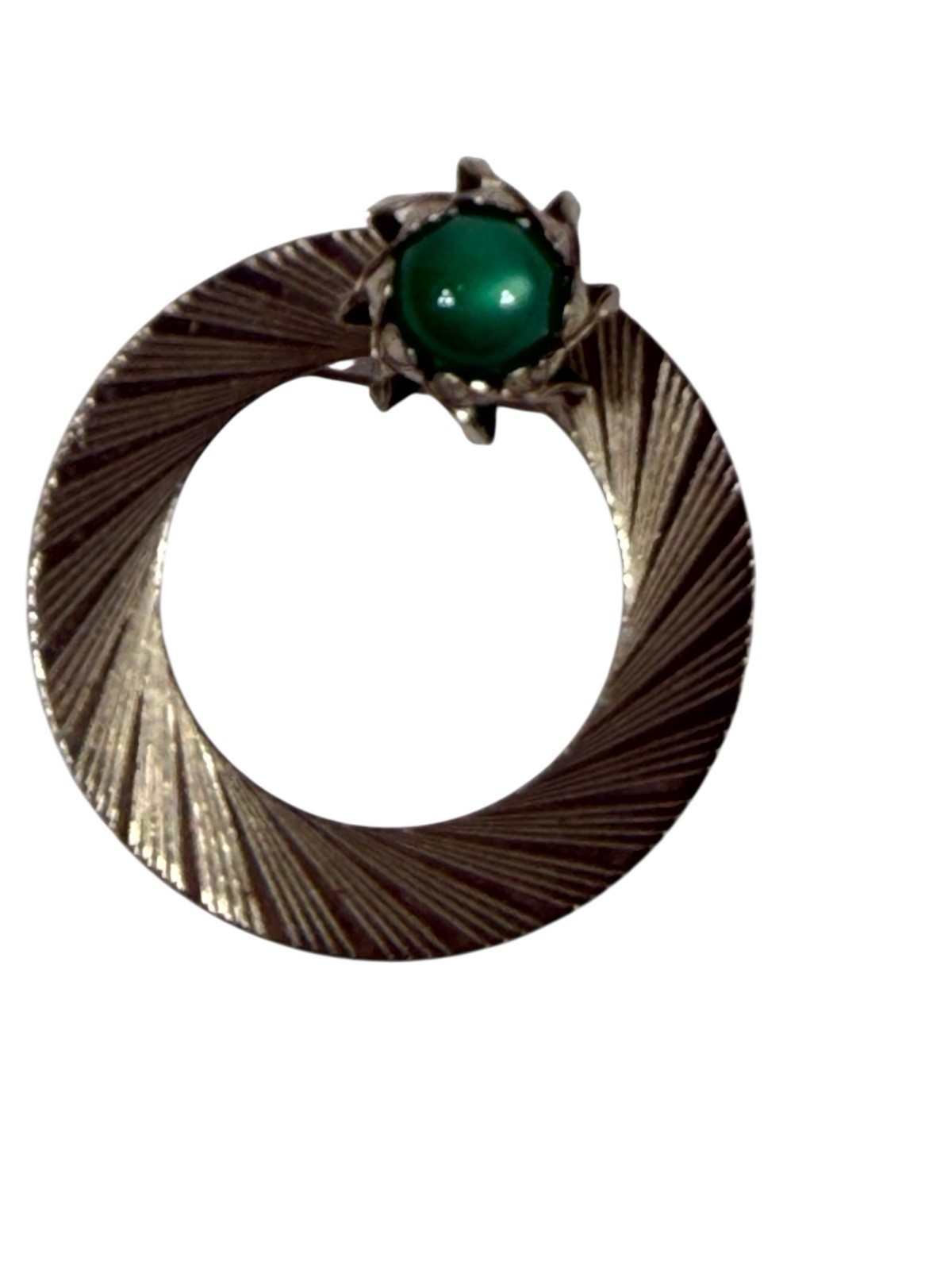 Round Textured Brooch Pin With Round Teal Stone Silver Tone 1 1/2 Inch Vtg