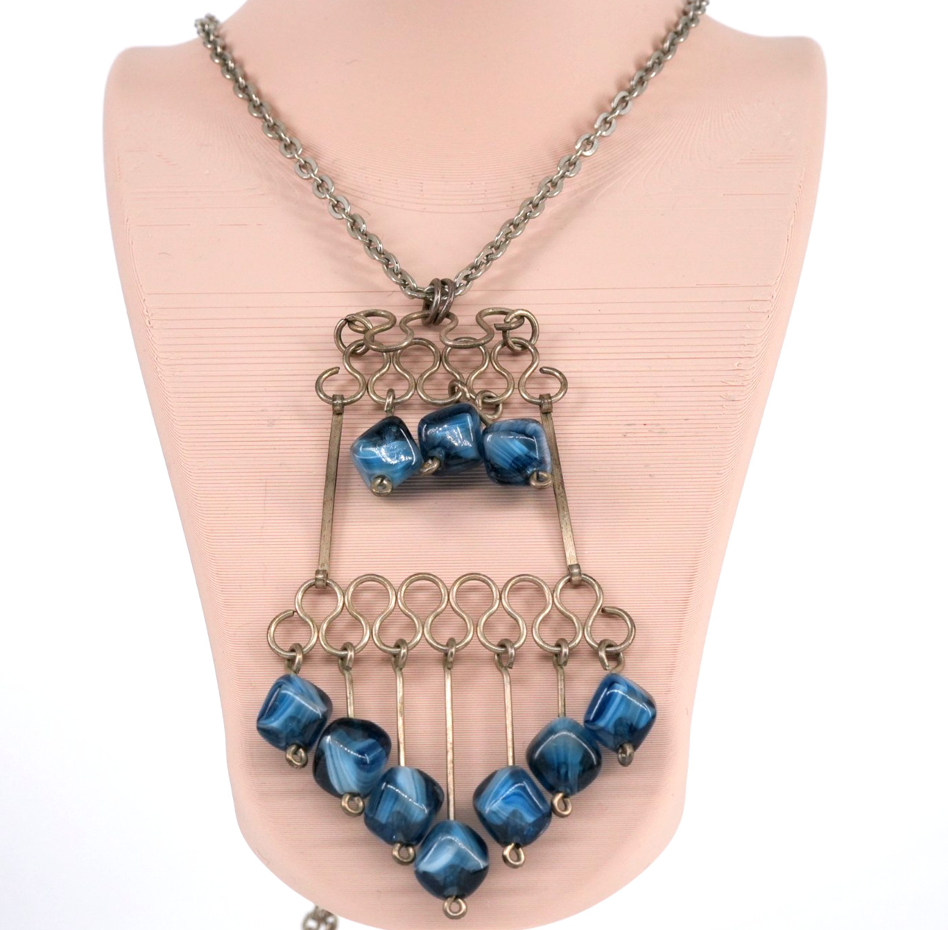 Wire Pendant Statement Necklace Blue Porphyry Glass beaded Drop 1970s VTG | 26″