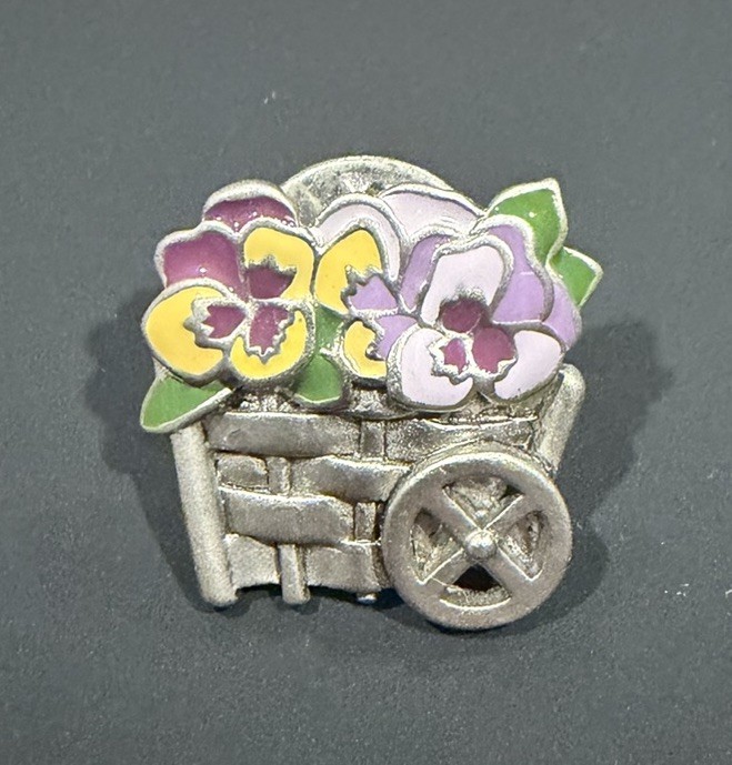 Vintage Enamel Flower Cart Lapel Pin Pansy Wheelbarrow Garden Floral Brooch