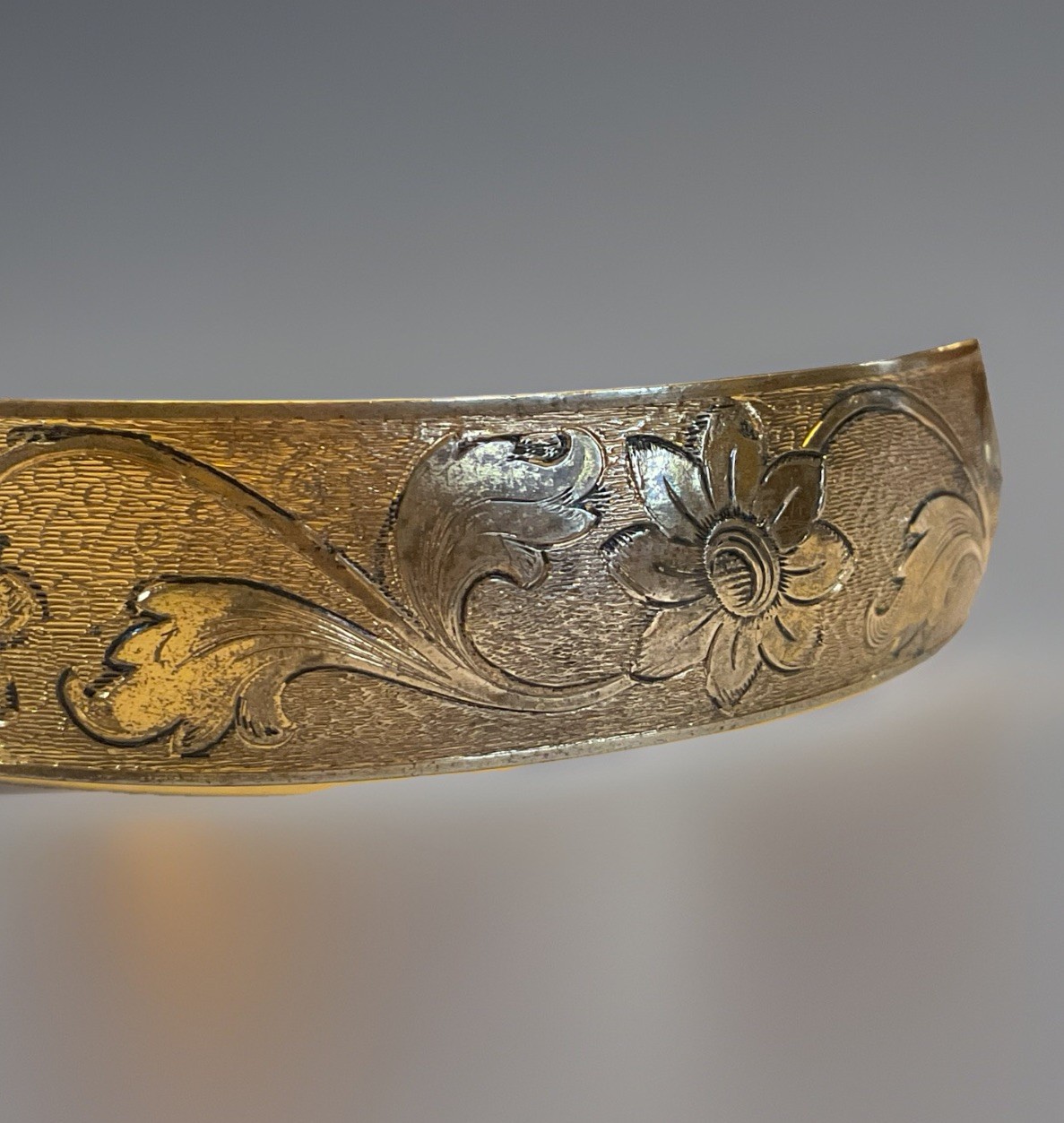 Vintage Bangle Hinged Bracelet Etched Flowers Gold Tone Textured