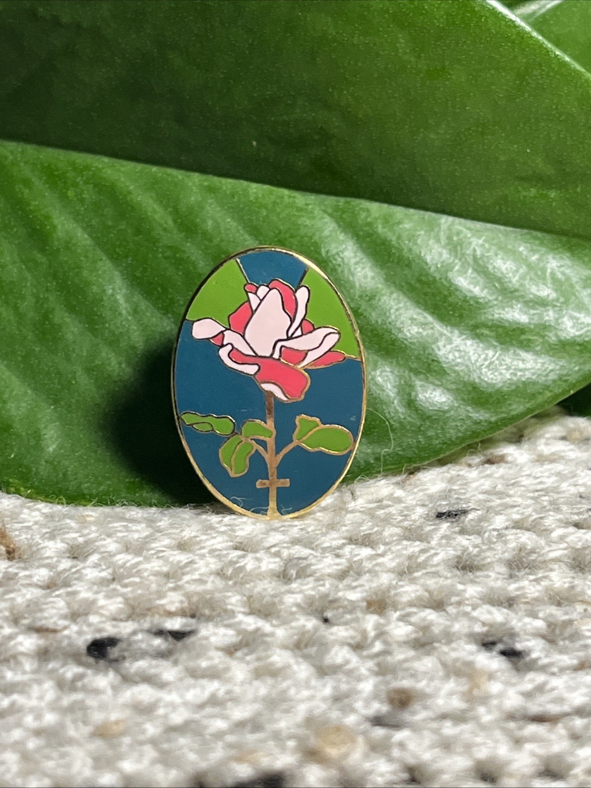 Vintage Valley Casting Religious Gold Toned & Multi Colored Enamel Rose Pin