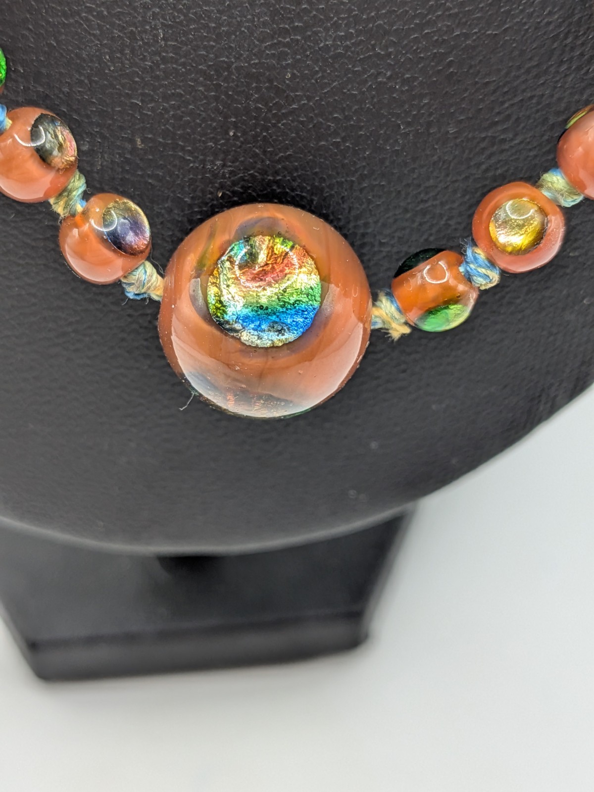 Art Deco Antique Czech Glass Rainbow Foil Peacock Eye Bead Necklace Brown Read