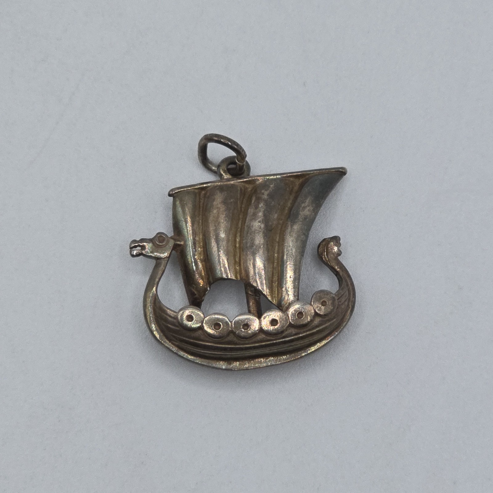 VTG Viking Ship Pendant Silver Dragon Boat Norse Nautical Unmarked 7g 1″ READ