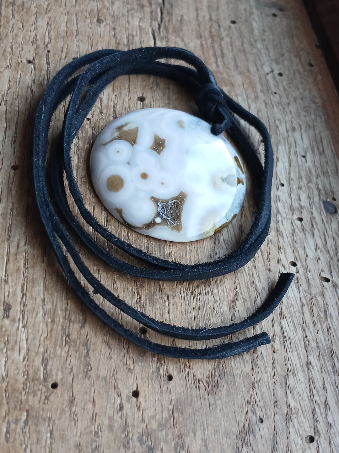 Ocean Jasper Necklace Leather Cord Hippie Boho Layering Beautiful Pattern Round