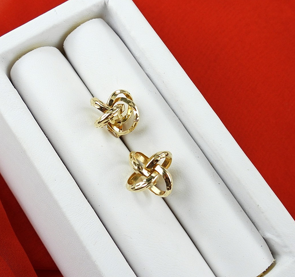 Vintage 14K Yellow Gold Intertwined Ribbon Knot Stud Earrings Openwork Swirl