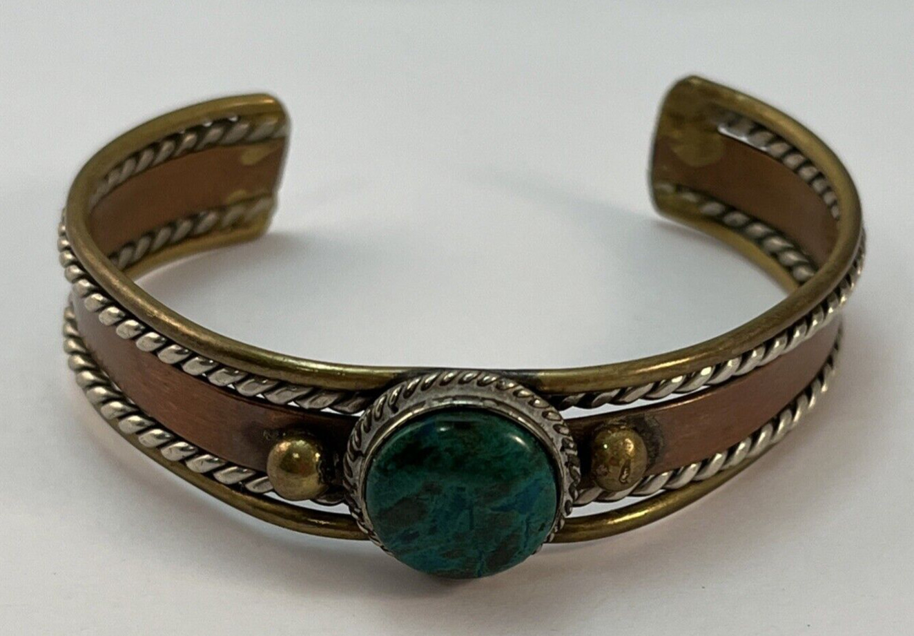 Copper Brass Silver Mixed Metals Green Malachite Cuff Bracelet Rustic READ