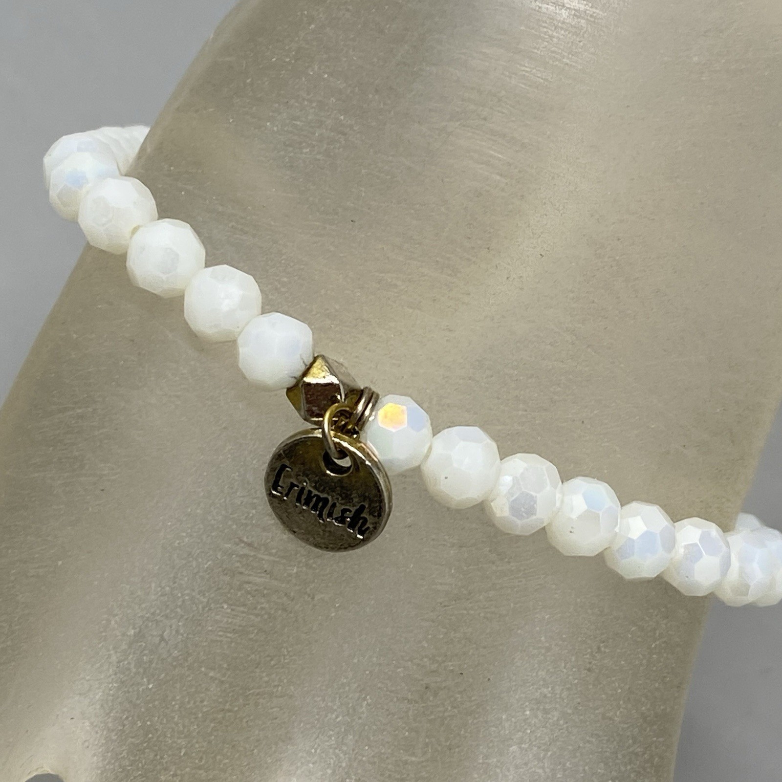Erimish Bracelet White Faceted Fire Polished Glass Beads Stretch Designer 7″