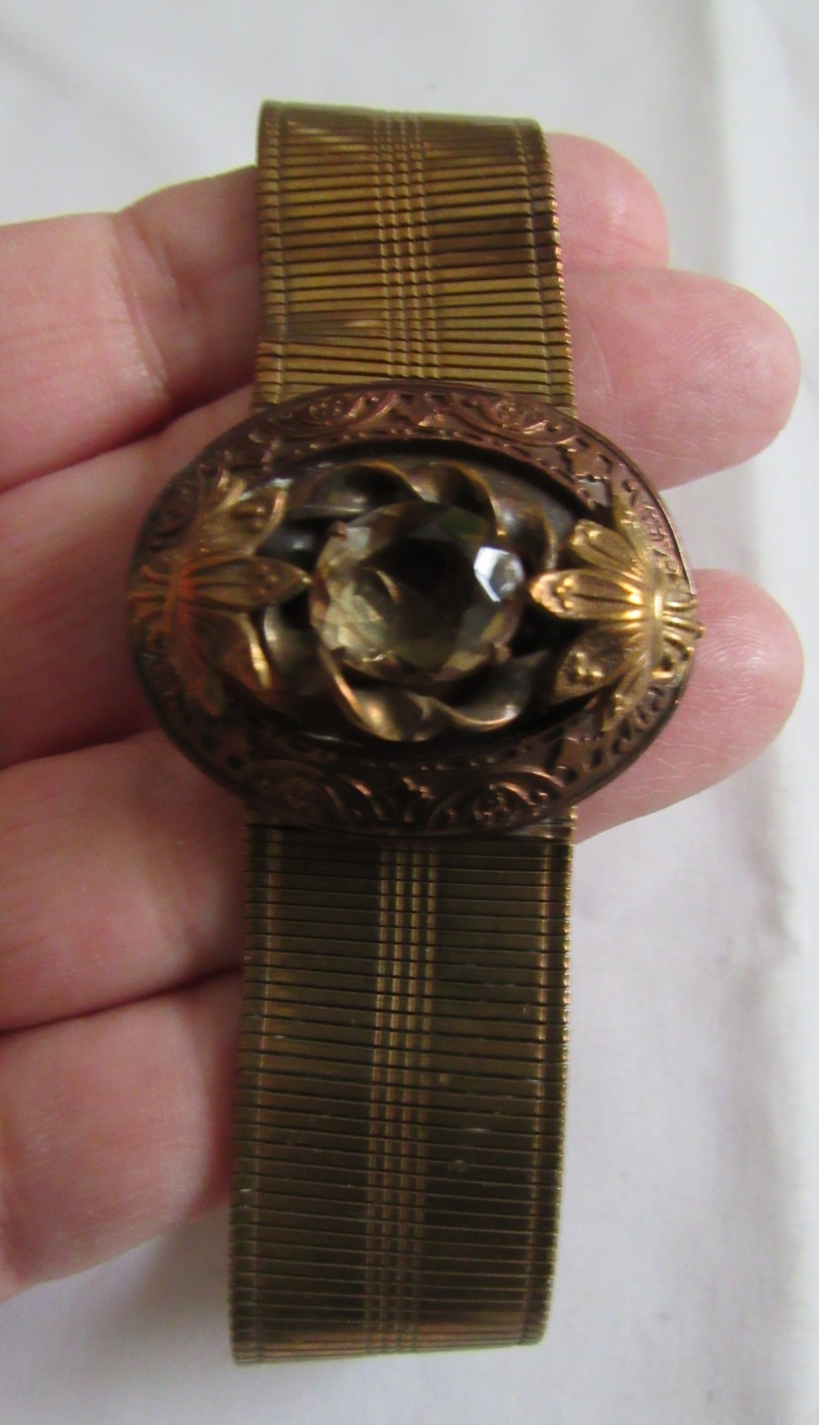 Brass Mesh Vintage Bracelet with Center Stone Medallion & Safety Chain Clasp