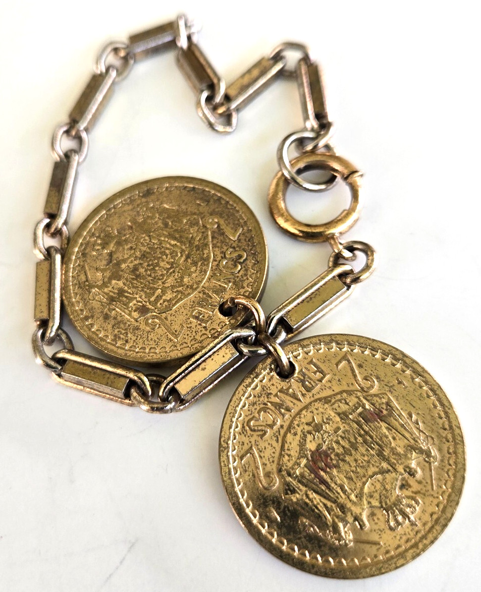Vintage 1940s Fake French Coin Charm Gold Tone Split Bar Link Chain Bracelet 7″