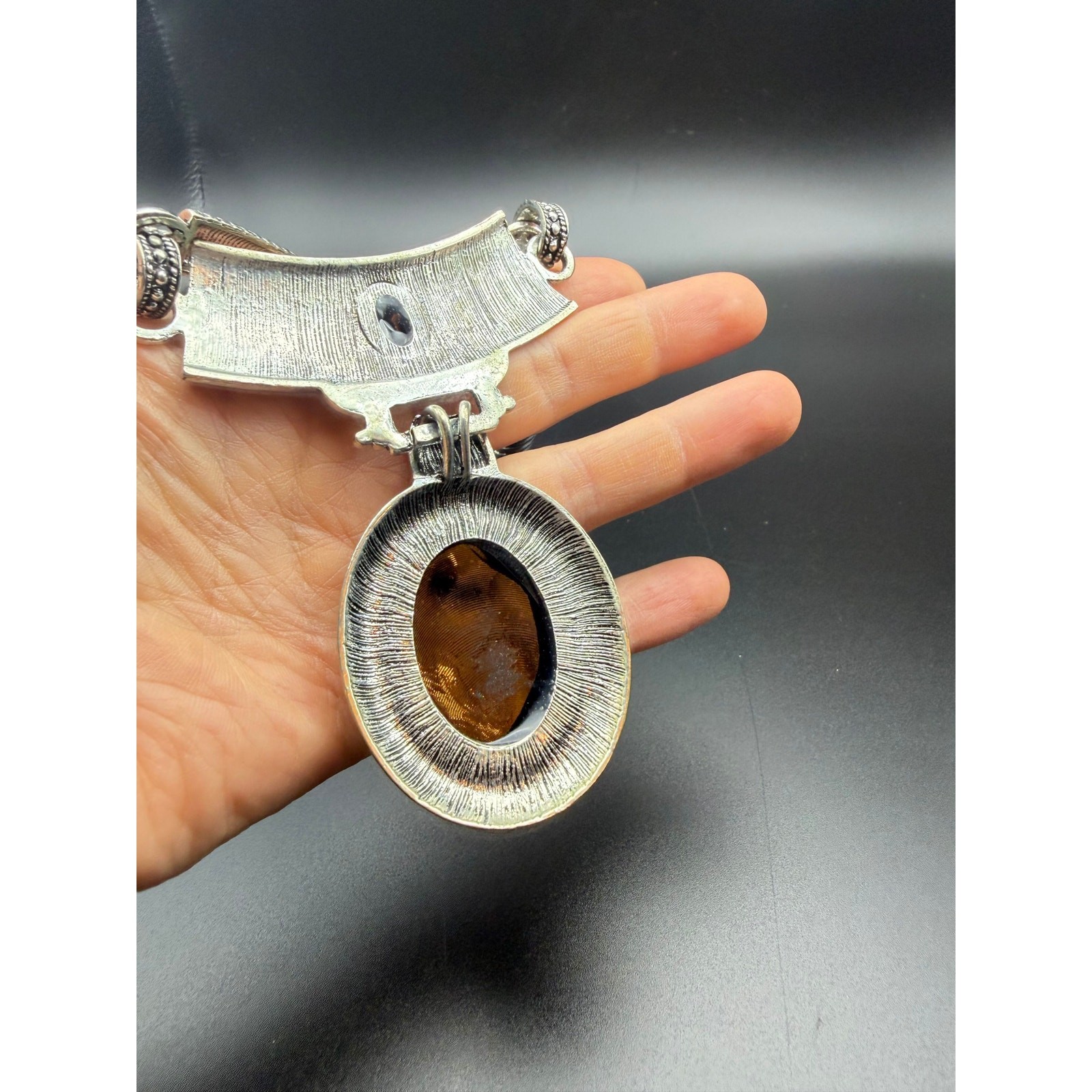 Vintage style silver-tone necklace with black enamel pendant