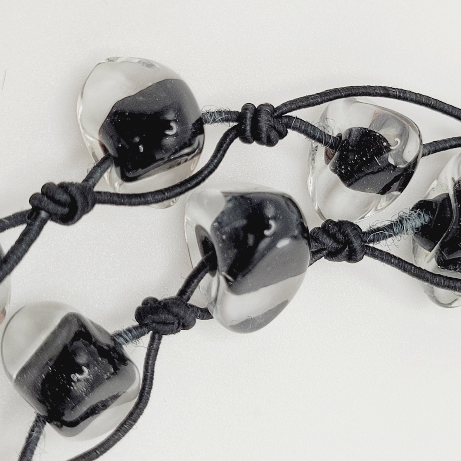 Art Glass Clear Ice Pebble Bead Hand Knot Black Thread Single Strand Necklace