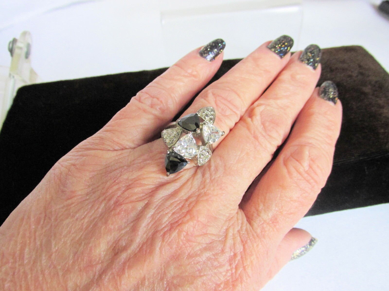 Vintage Black & Clear CZ Trillion Cut Cocktail Ring Silver Plate Sz 6.5