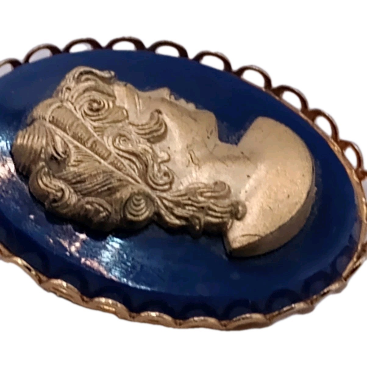 Vintage Blue Gold Cameo Brooch Greek roman goddess Female Profile Pin 1 3/4 in
