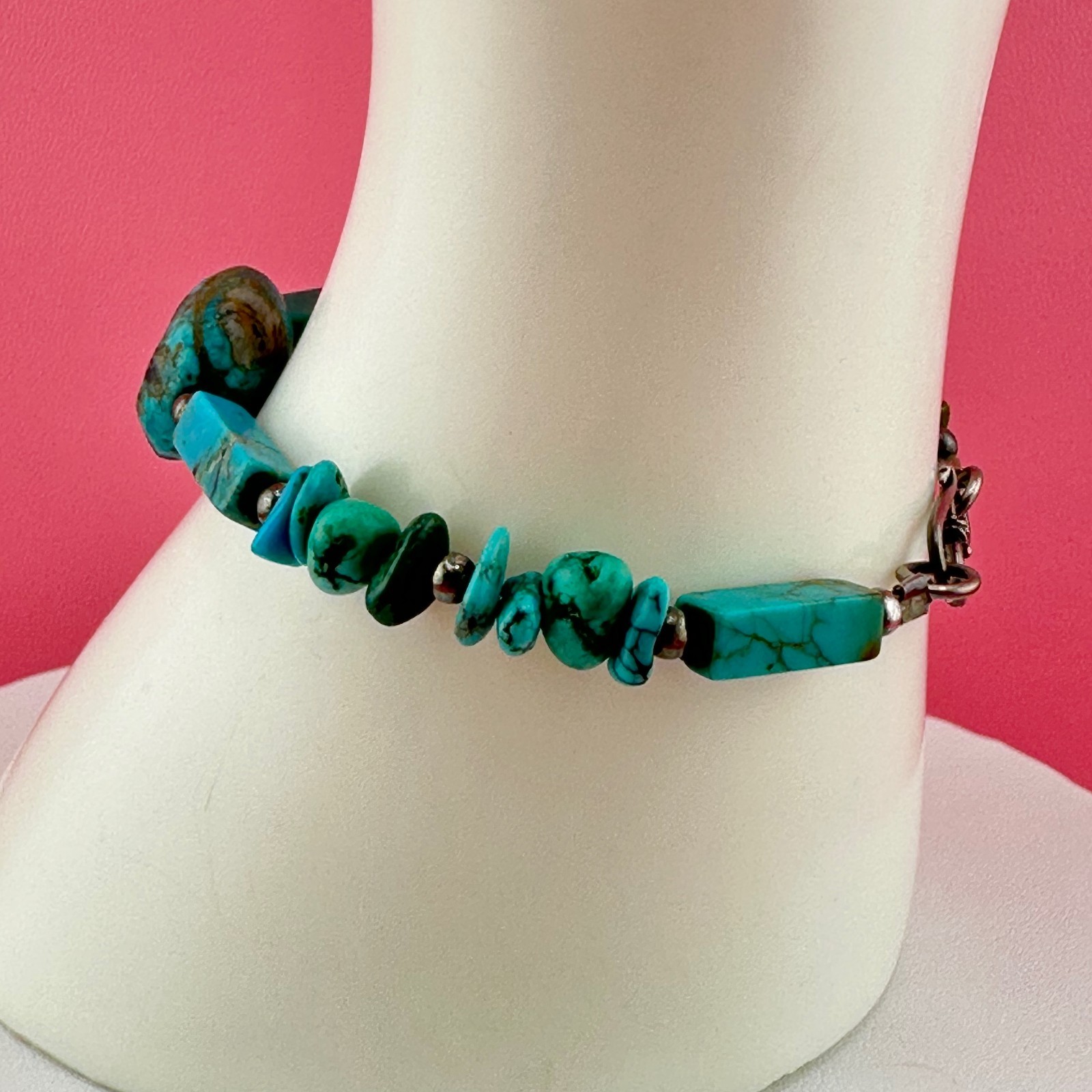 Vintage Turquoise Bead Sterling Silver Bracelet Blue Green South Western 6.25″