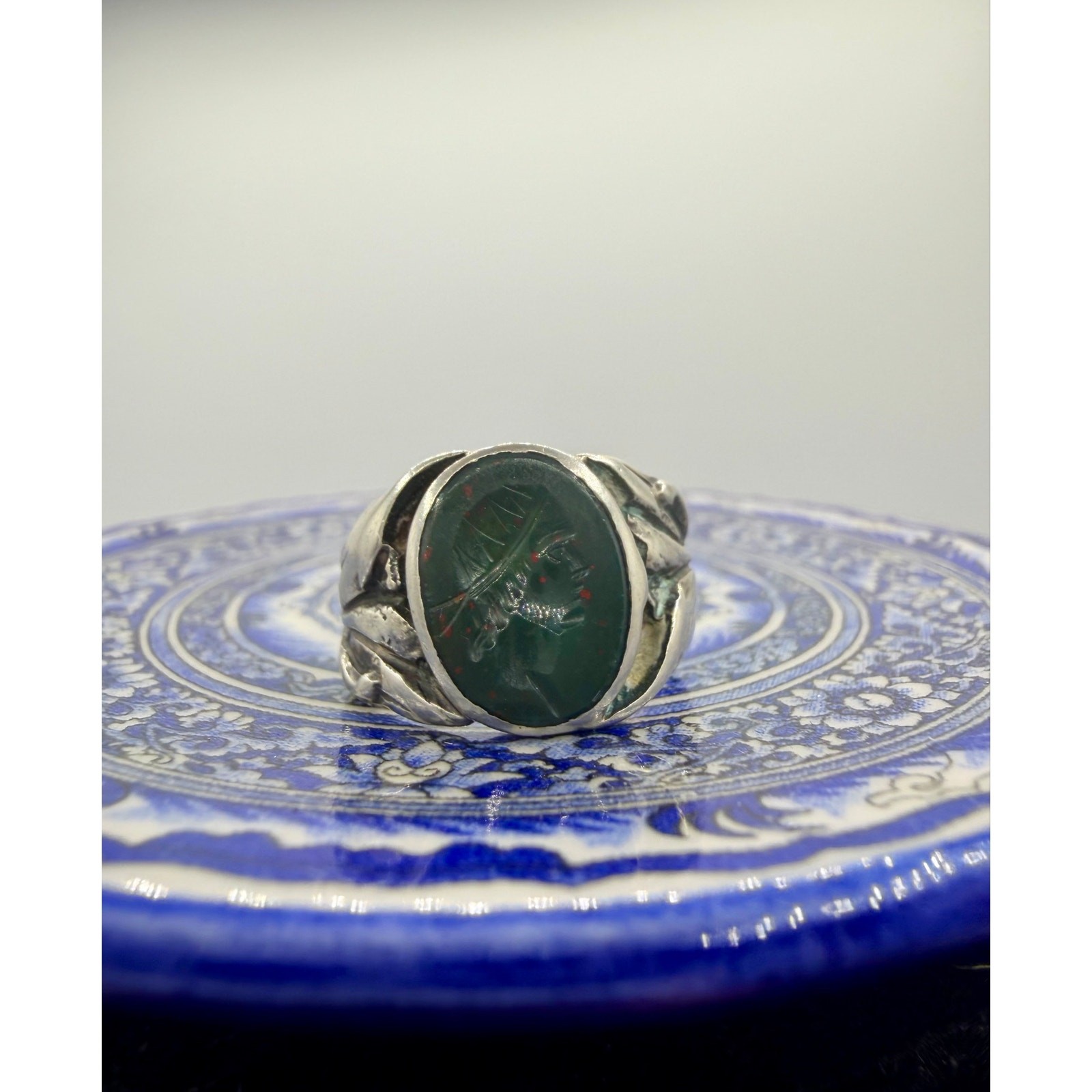 Vintage Bloodstone Intaglio Ring Classical Warrior Size 6.5