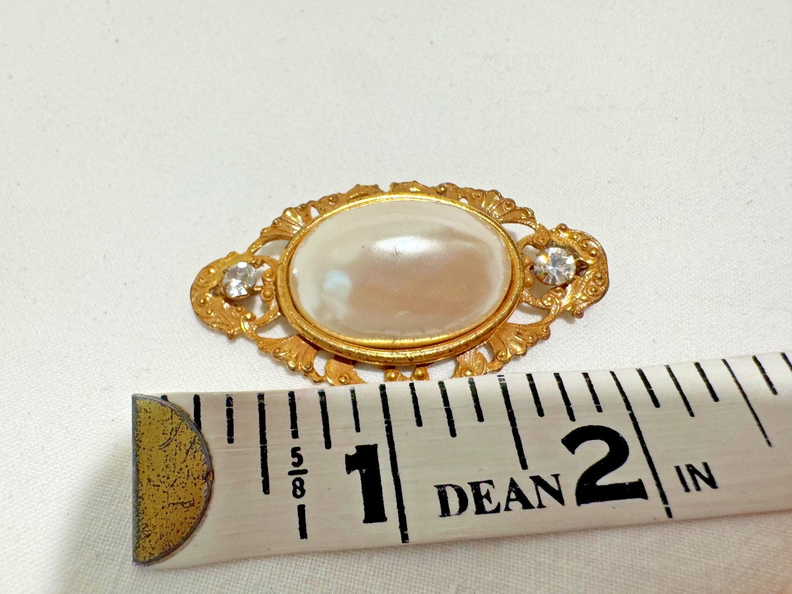 Vintage Miriam Haskell Brooch Pin Faux Pearl Cabochon Rhinestone Filigree Oval