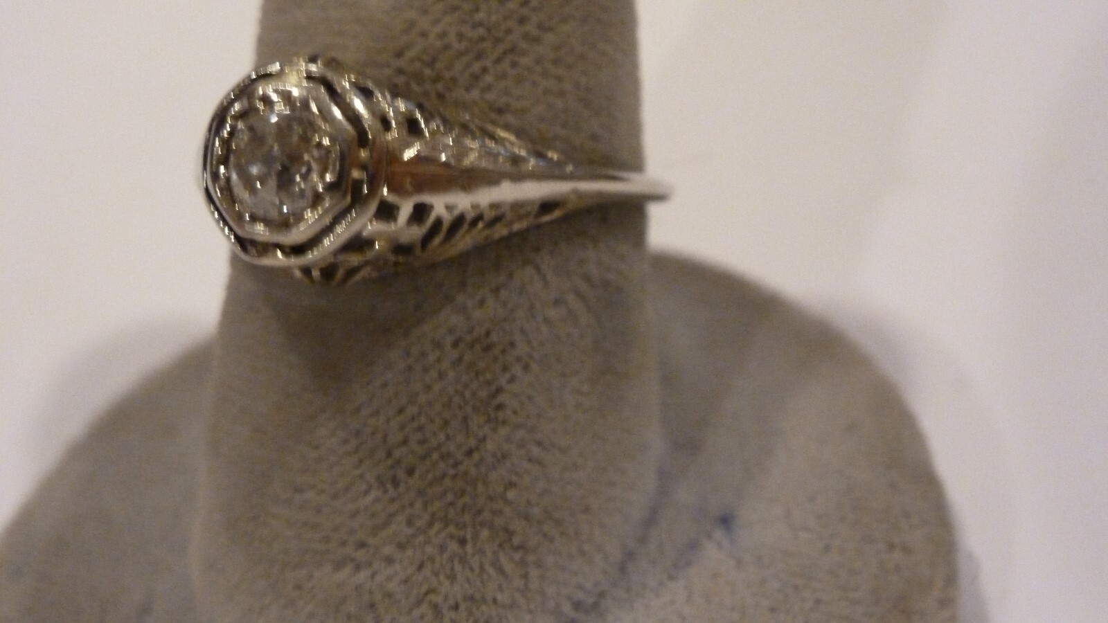 ANTIQUE LADIES 18K WHITE GOLD FILIGREE 50 PT OLD MINE CUT DIAMOND RING SZ 6 3/4