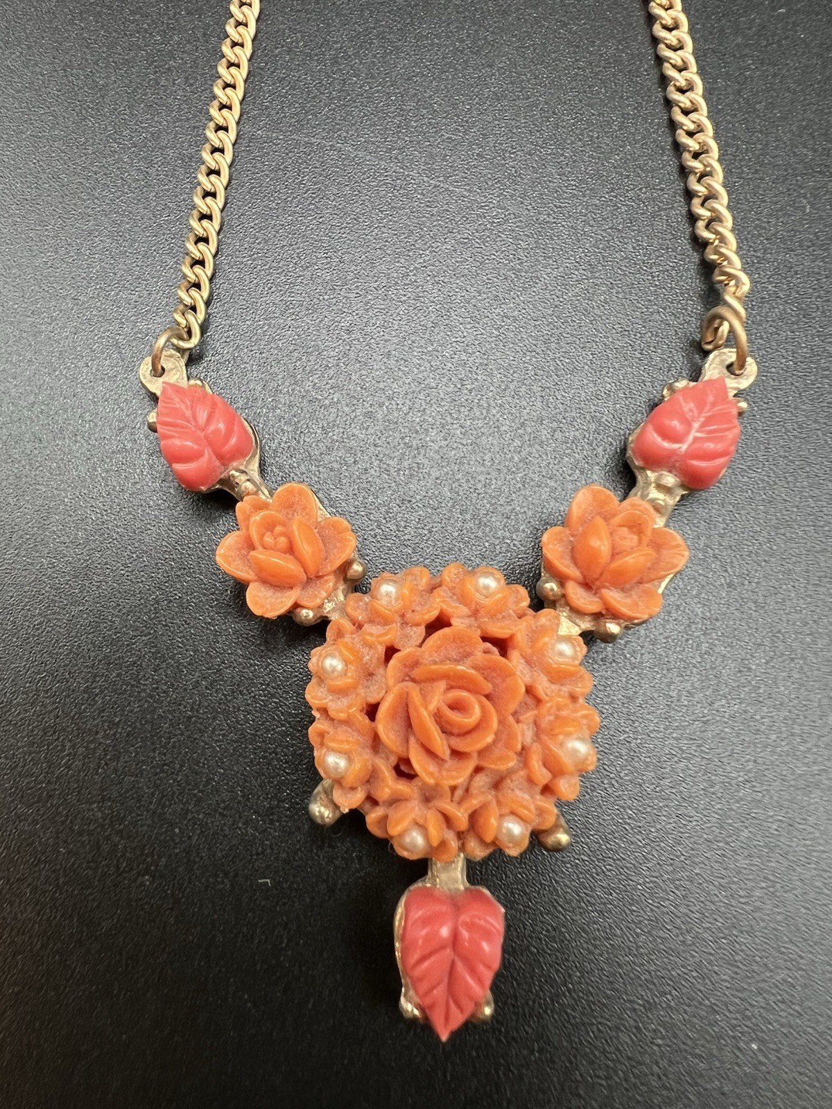 Art Deco Molded/Carved Peach Pink Floral Necklace & Matching Brooch