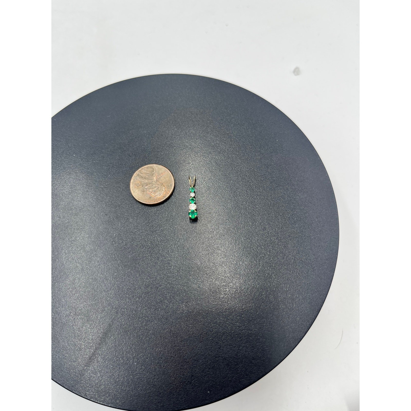 10k Yellow Gold Round Prong Set Emerald and CZ Linear Vertical May Pendant
