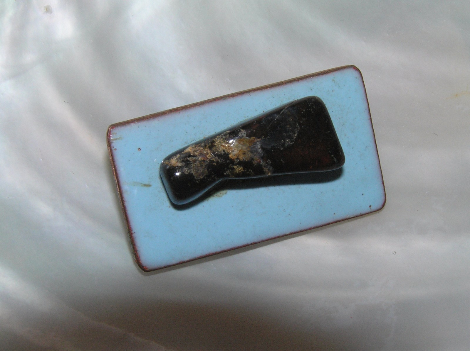 Vintage Handmade Small Light Blue Enameled Copper Rectangle w Dark Brown Stone