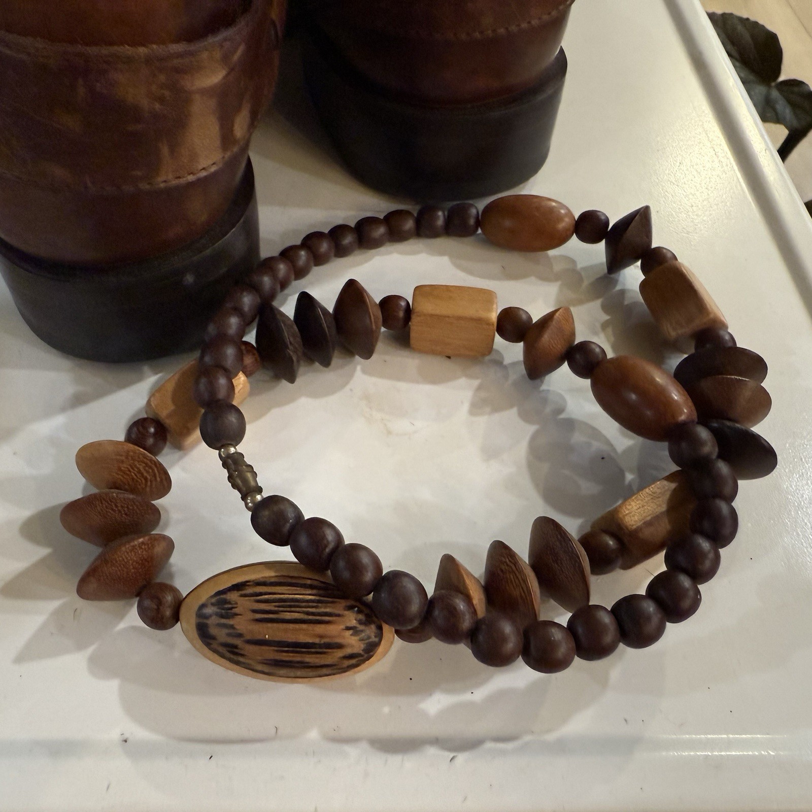 Vintage Carved Wood Beaded Necklace Bohemian Chunky Statement Barrel Clasp 27”
