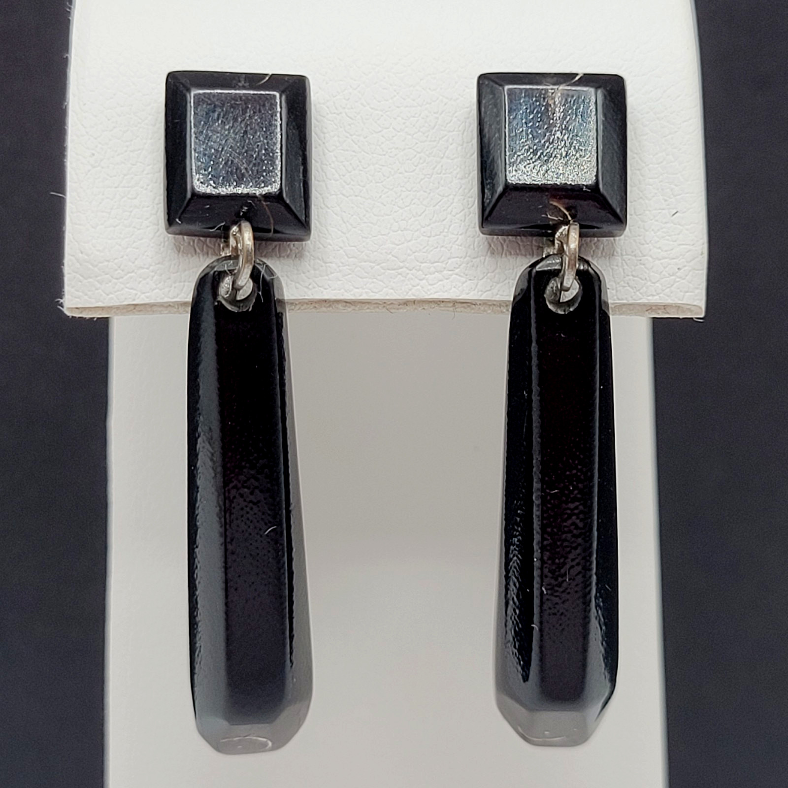 Hawaiian Natural Black Coral Vintage Screw Back Art Deco Style Dangle Earrings