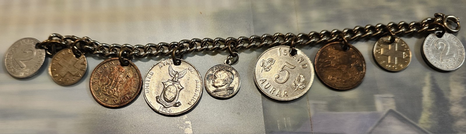 Vintage International Coin Charm Bracelet / About 8″ long / Circa 1950s / Unique