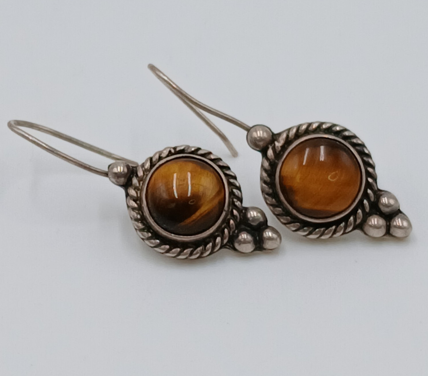 VTG 925 MEX Tigers Eye Earrings 1.75in Sterling Silver 10gtw Southwest Artisan