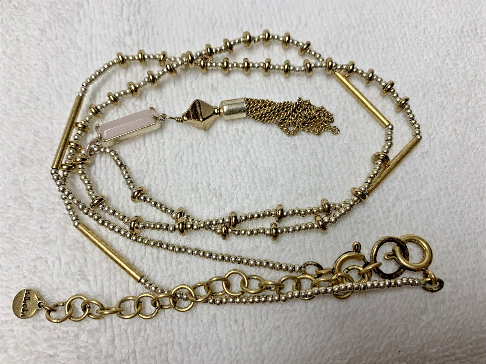 Signed Stella & Dot Gold/Silver Tone Necklace Pink Cabochon Chain Tassel n129