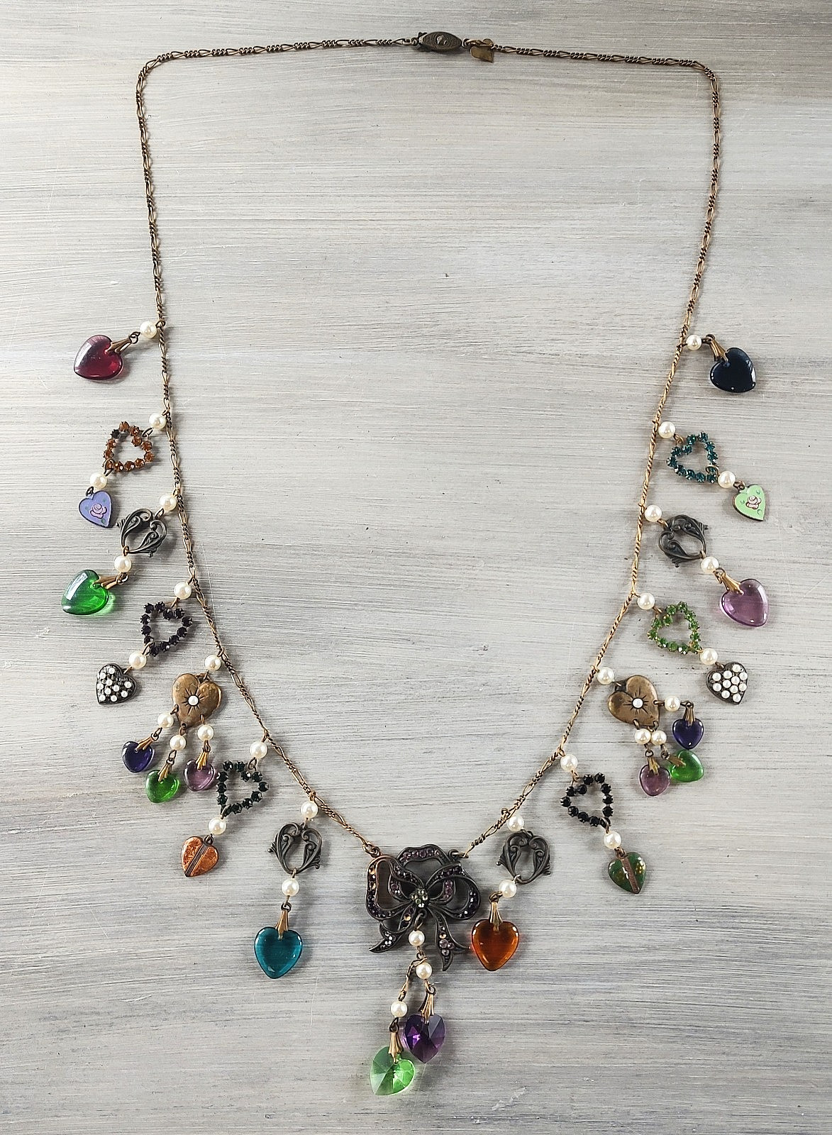 VTG GLASS WORKS STUDIO 30″ Enamel Rhinestone Crystal Heart Necklace w/15 Dangles