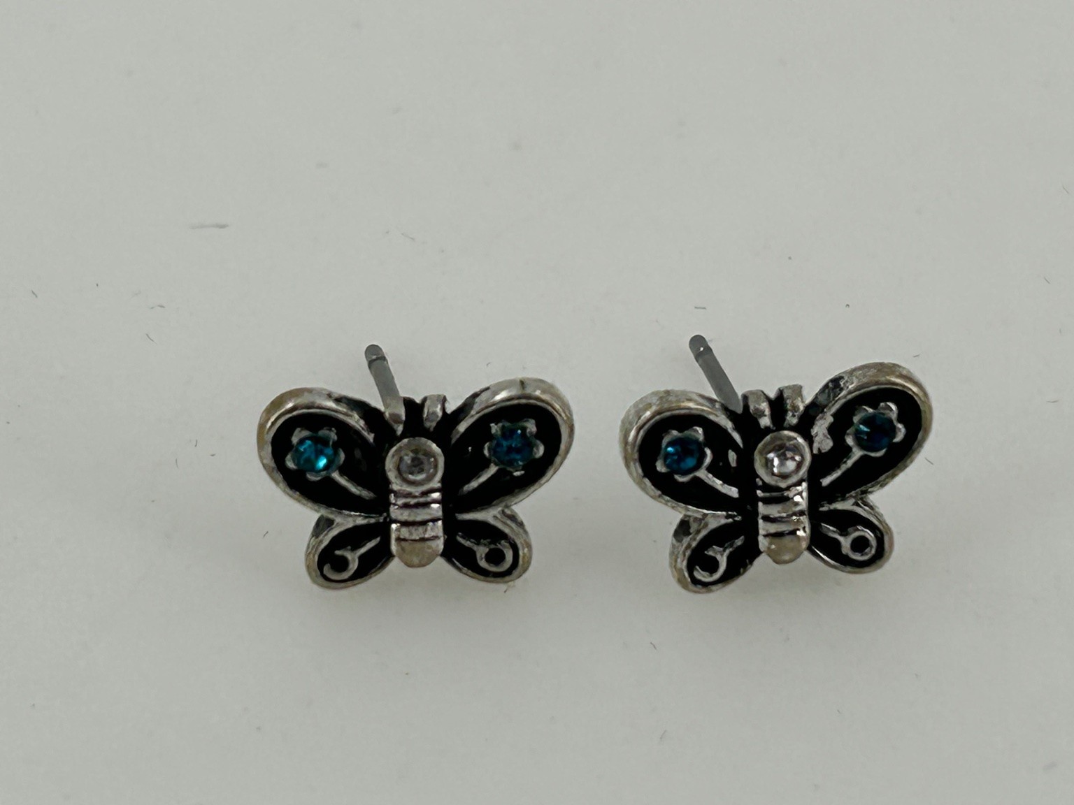 Butterfly Stud Earrings Silver Tone Metal 1.5cm x 1cm Rhinestone Accents