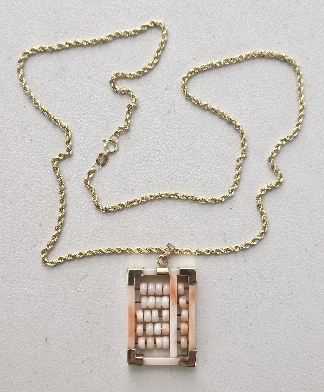 Vintage 14K Gold Angel Skin Coral Abacus Pendant 2mm Rope Chain Necklace 18-3/4″