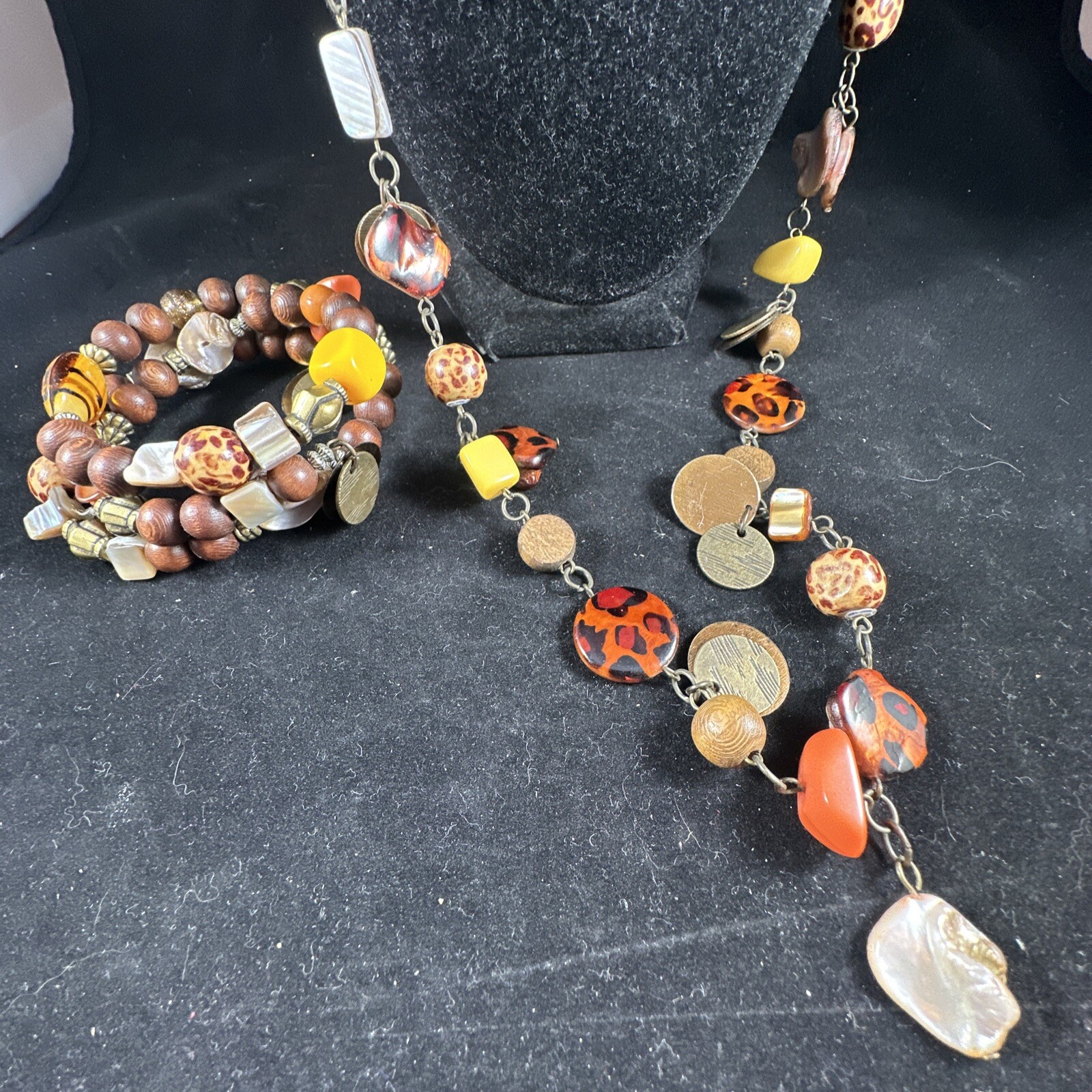 Vintage Boho Glass Wood Ceramic Acrylic Natural Beads Long Necklace & Bracelet