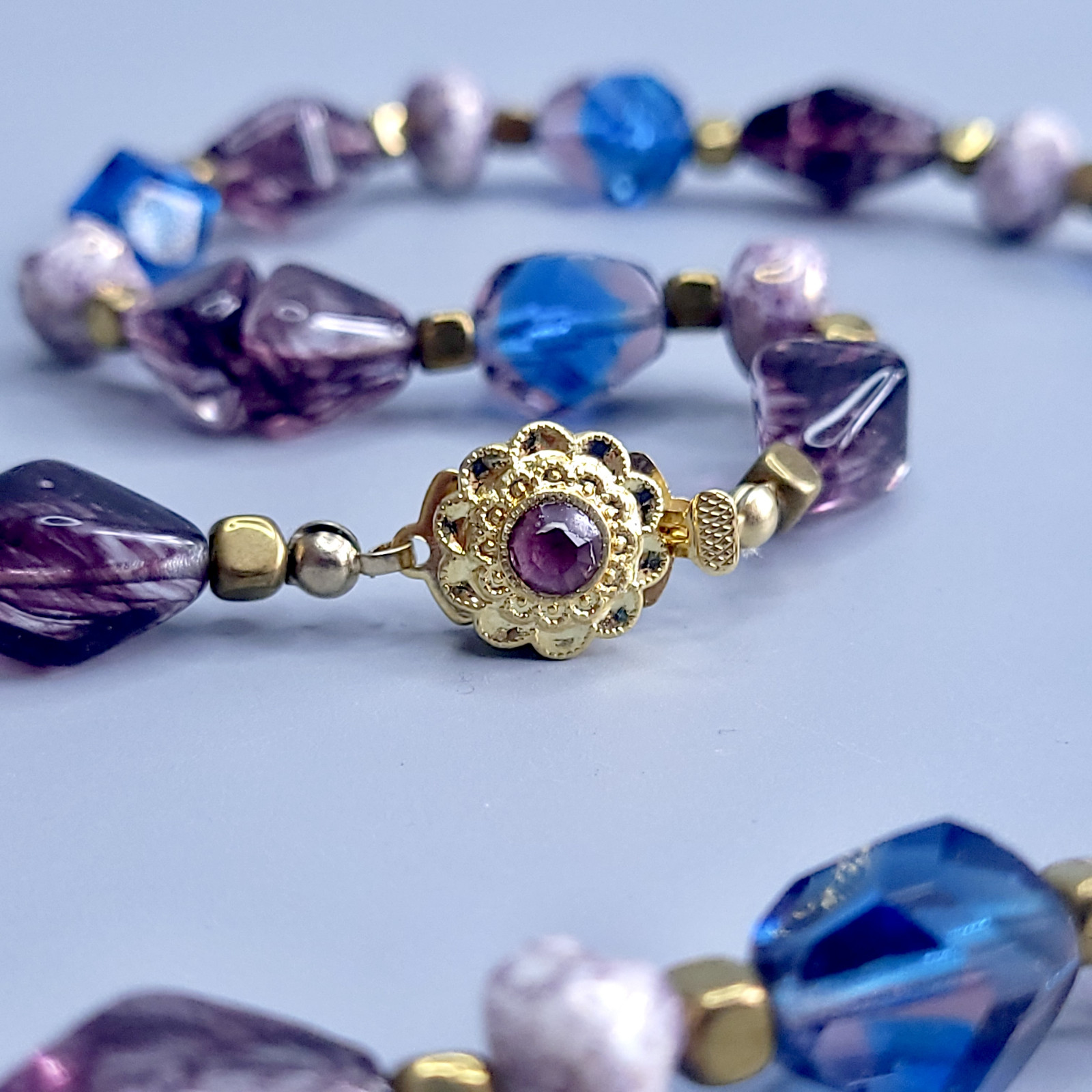 Necklace 20” Blue and Purple Glass Czech Vintage Beads Women`s Jewelry