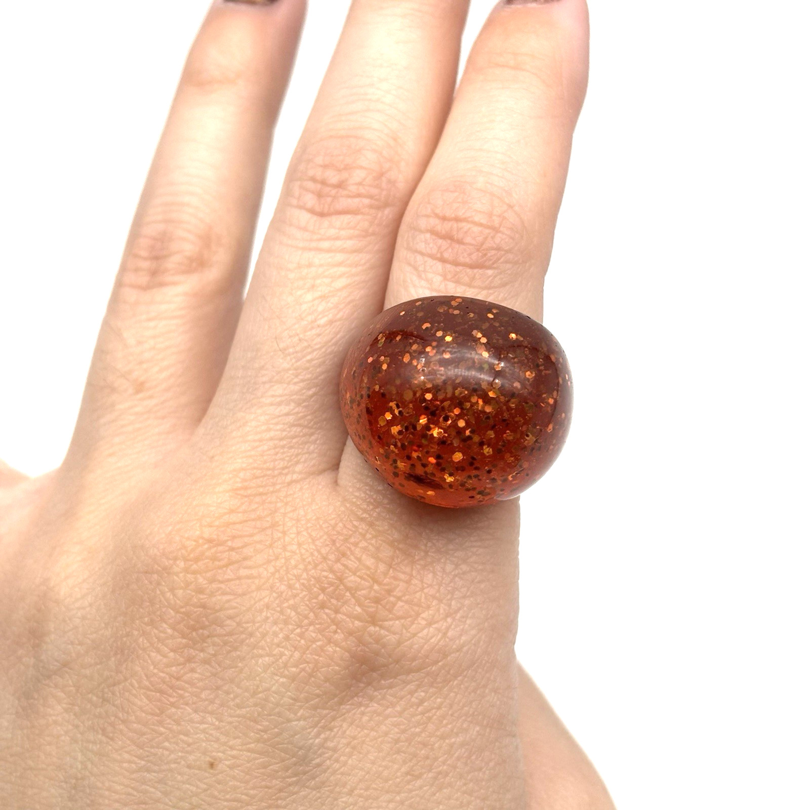 Vintage 1960s Amber Orange Acrylic Glittery Chunky Bubble Dome Ring Size 8.25