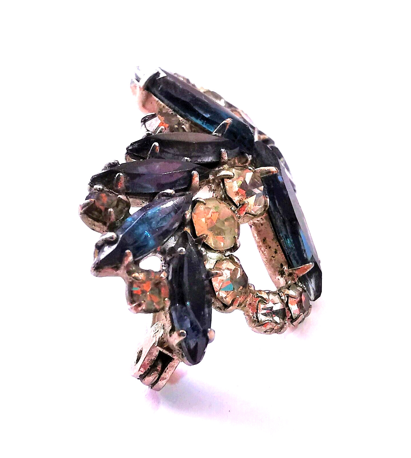 Czech Brooch Vintage Pin Rhinestone Blue Clear Glass Rhinestones Silvered Brass