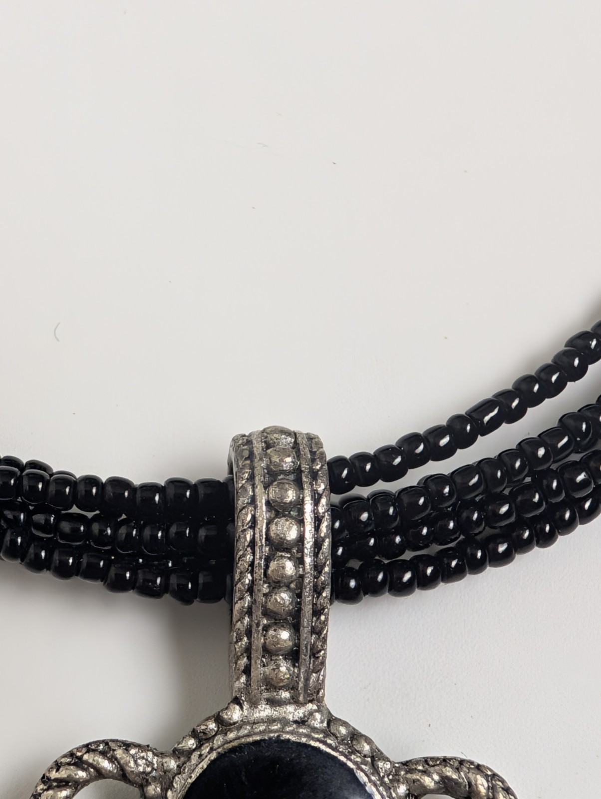 Vintage Black Beaded Necklace with Large Silver Tone Pendant – Gothic Boho Style