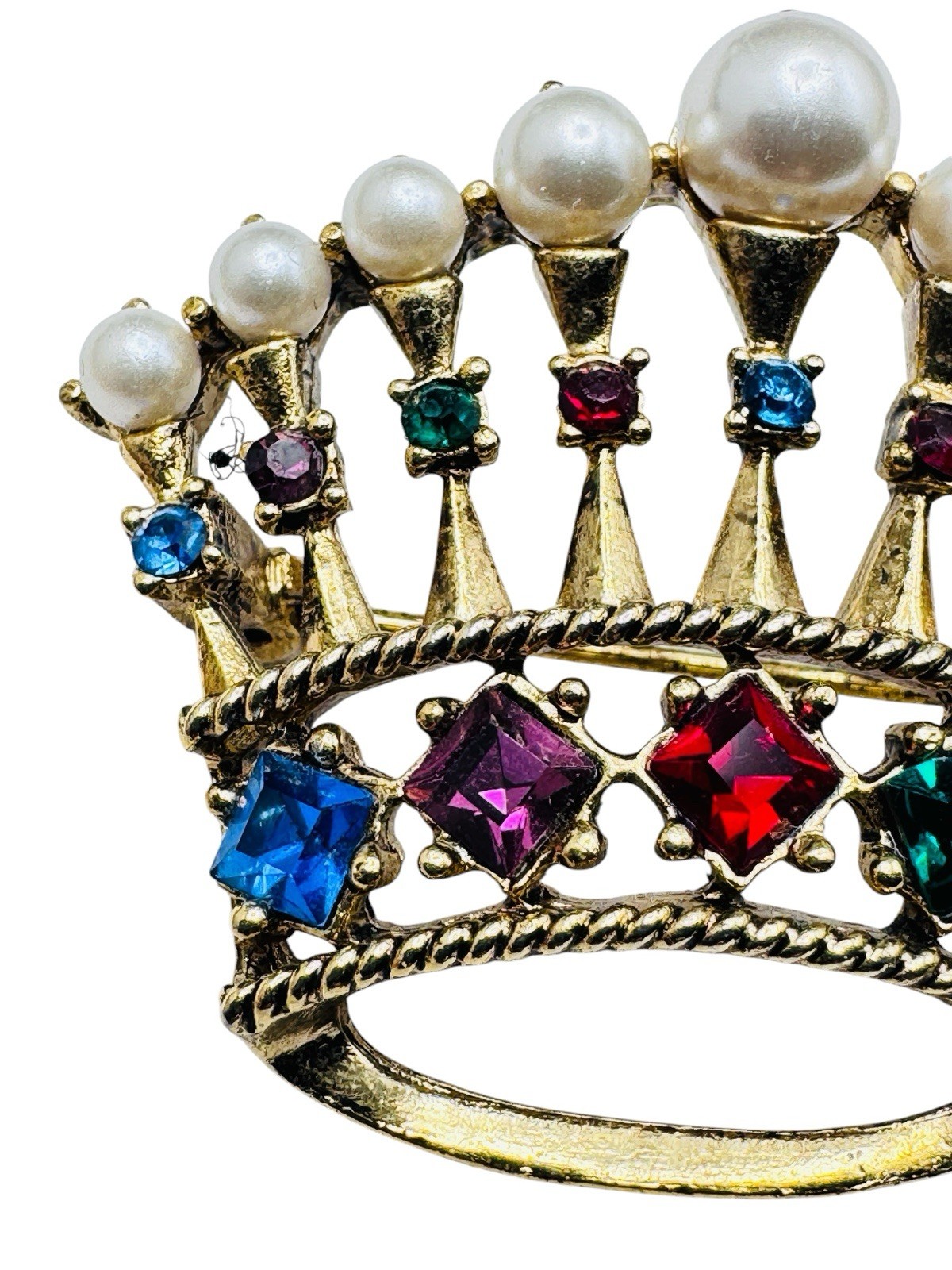 Vintage Rhinestone Pearl Crown Brooch Colored Glass Stones Gold Tone Nice