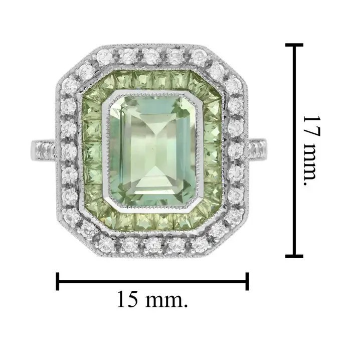 Art Deco Style Lab Created Diamond Green Amethyst Peridot 14K White Gold FN Ring