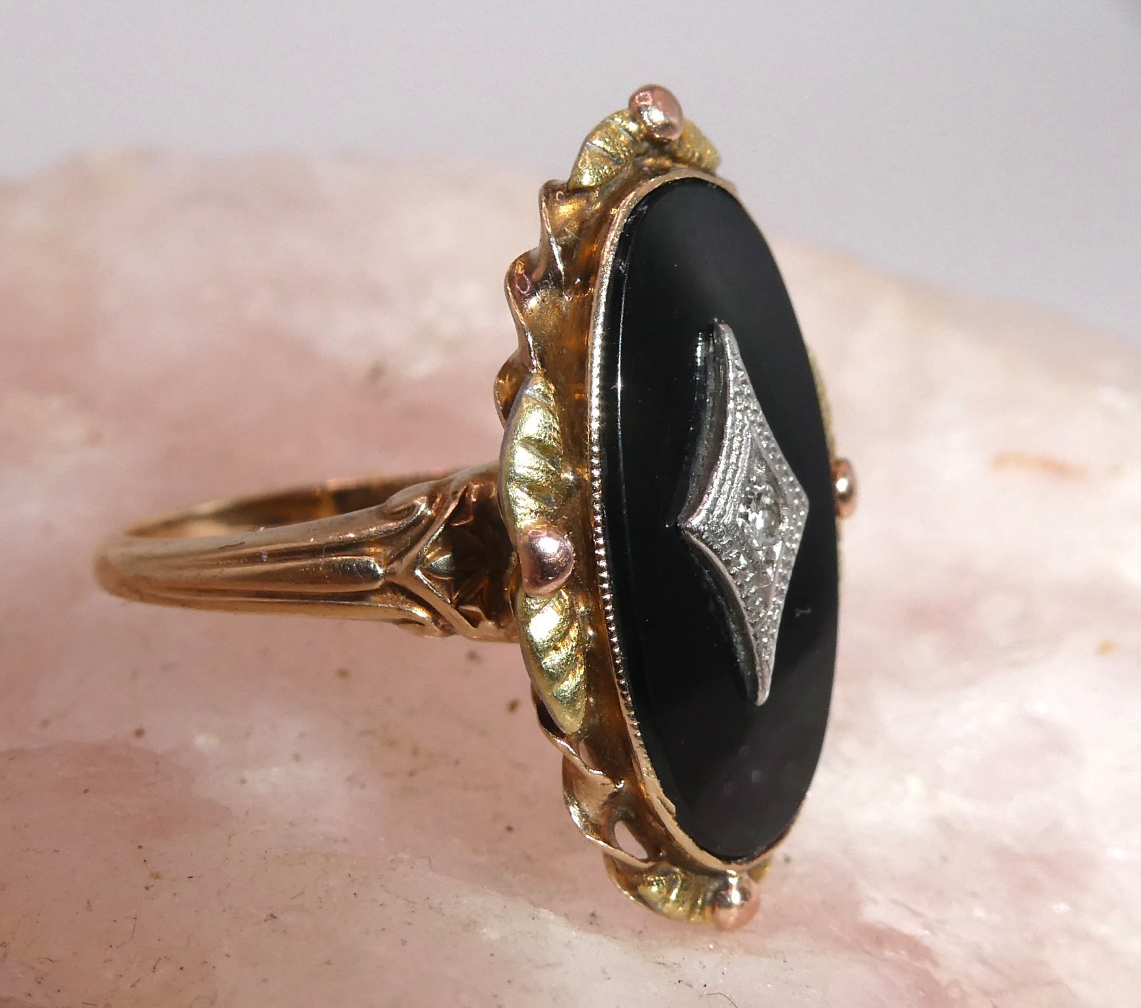 Vintage 10K BDA ONYX Diamond Ring Budlong, Dockert & Armstrong Tri Color Gold 3g