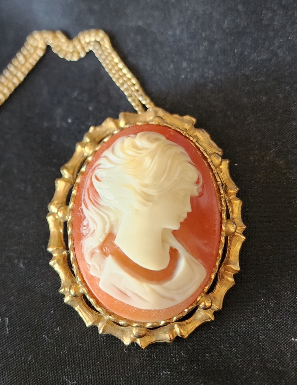 Vintage Salmon Color Lady Head Cameo Necklace Pendant Brooch Pin Beautiful NOS