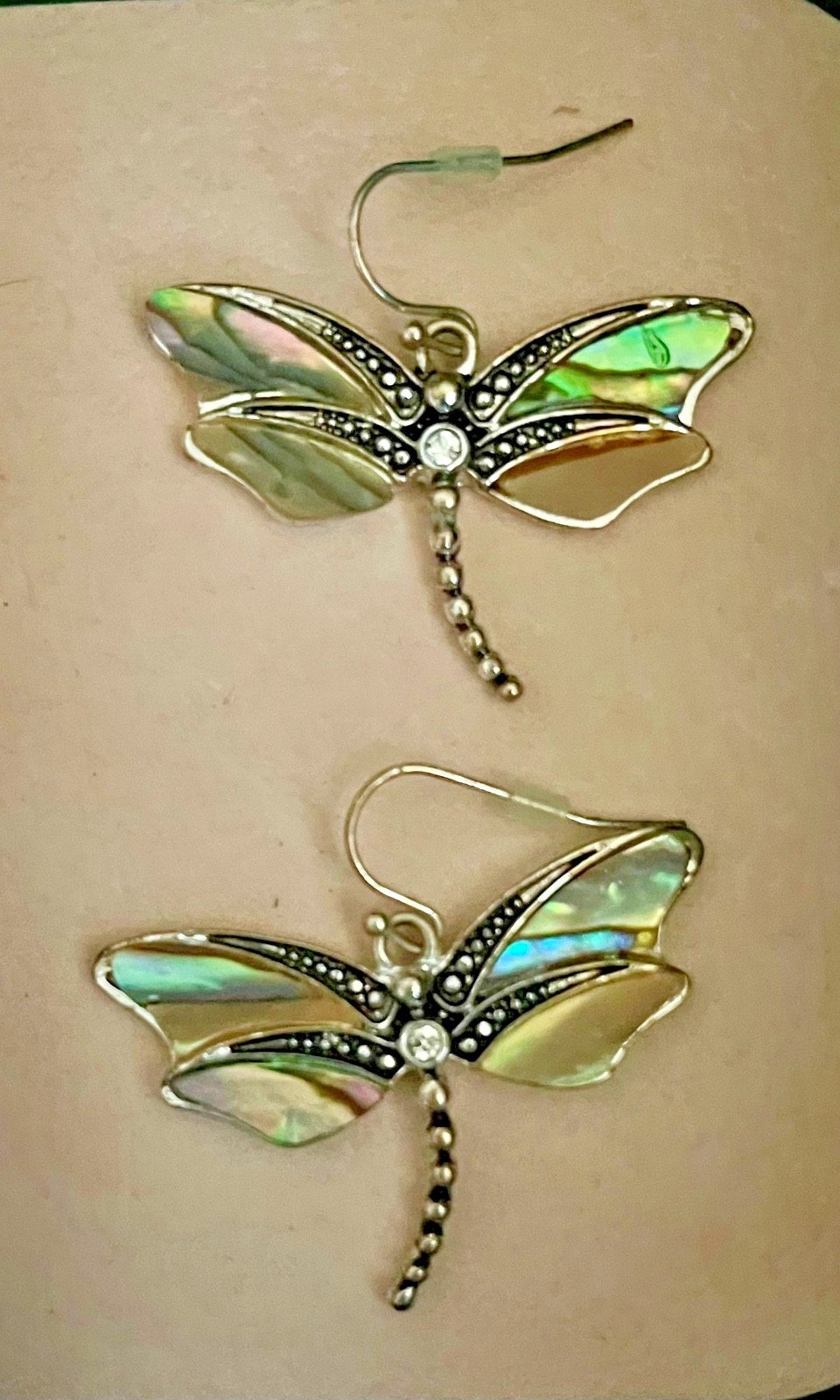 Vintage Dragonfly Abalone dangle earrings, approximately 1 1/2″ wide