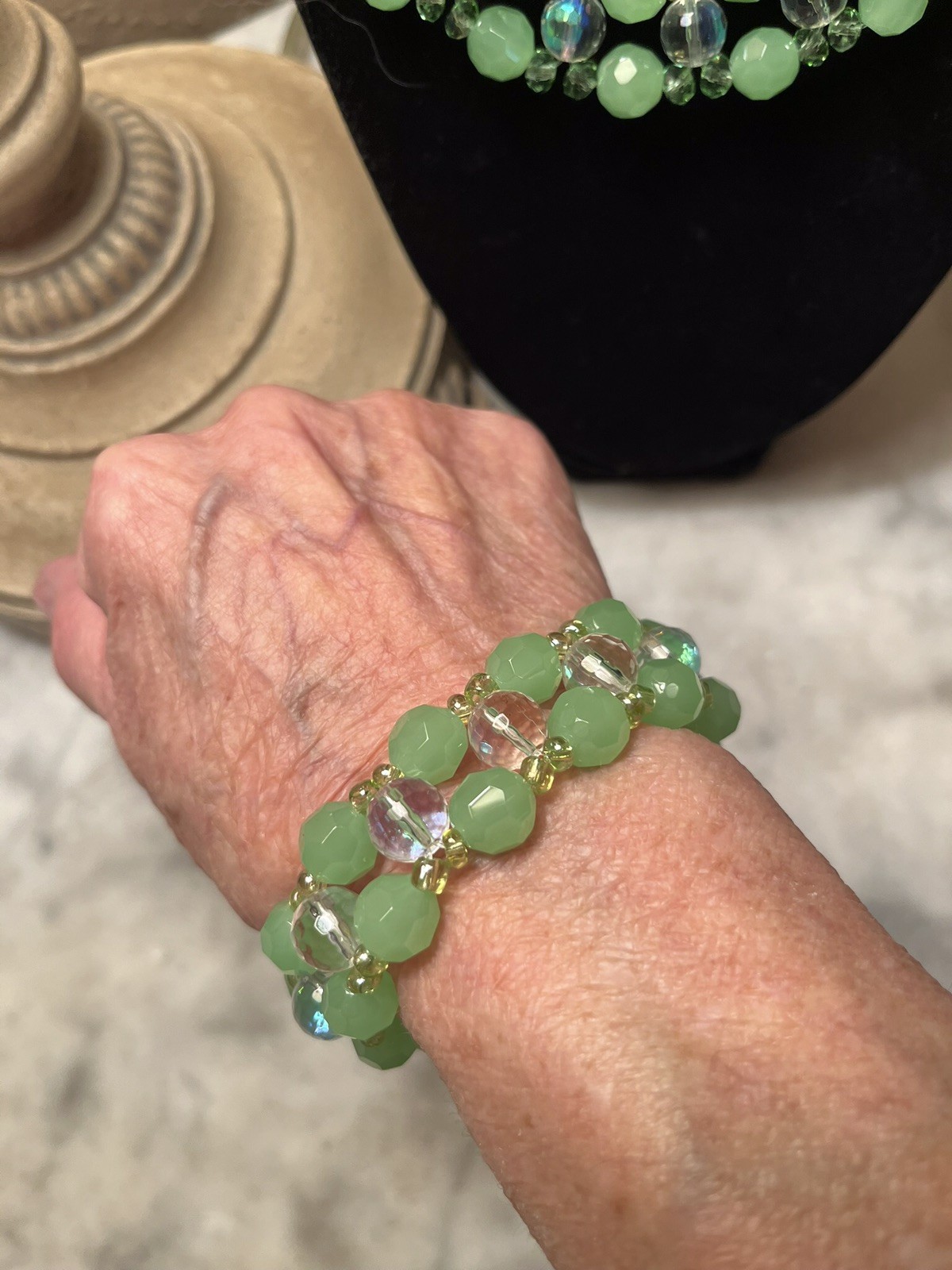 Green Glass & Plastic Necklace And Bracelet