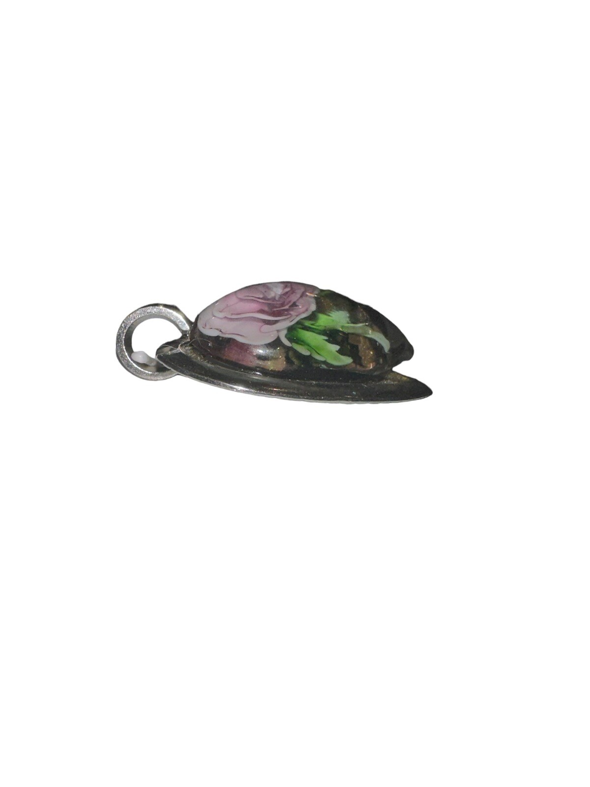 Metal Heart With Lucite Leaf and Flower Encased With Glitter Accent Pendant