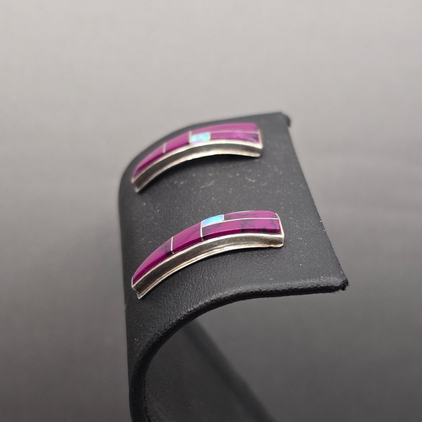 Vintage Sterling Silver Sugilite Opal Inlay Stud Earrings Tapered Statement
