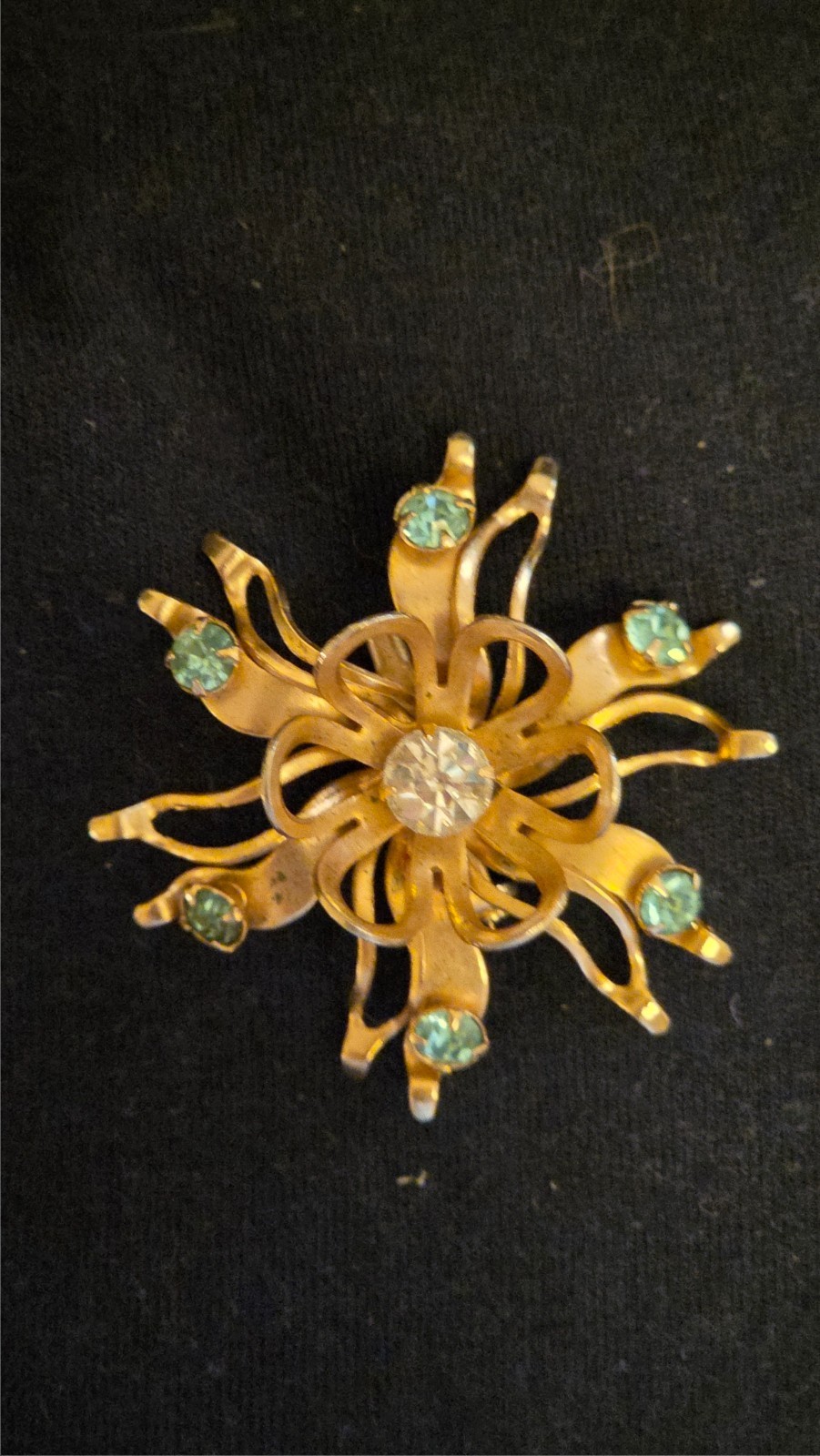 Mid‑Cent modern pin with floral design/ribbon petals /clear and aqua rhinestones