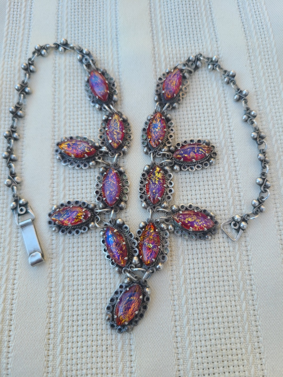 Vintage Sterling Silver Dragon’s Breath & Gold Foil Glass Jelly Opal Necklace